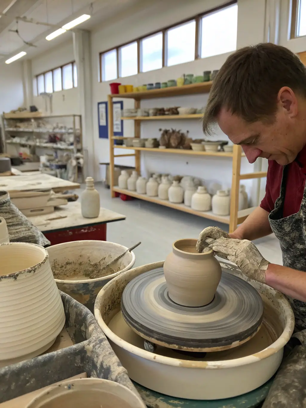 A photograph capturing a pottery class in session at Foyer Rural de Charleval, showcasing participants crafting clay pieces with guidance from an instructor, emphasizing the hands-on learning experience.