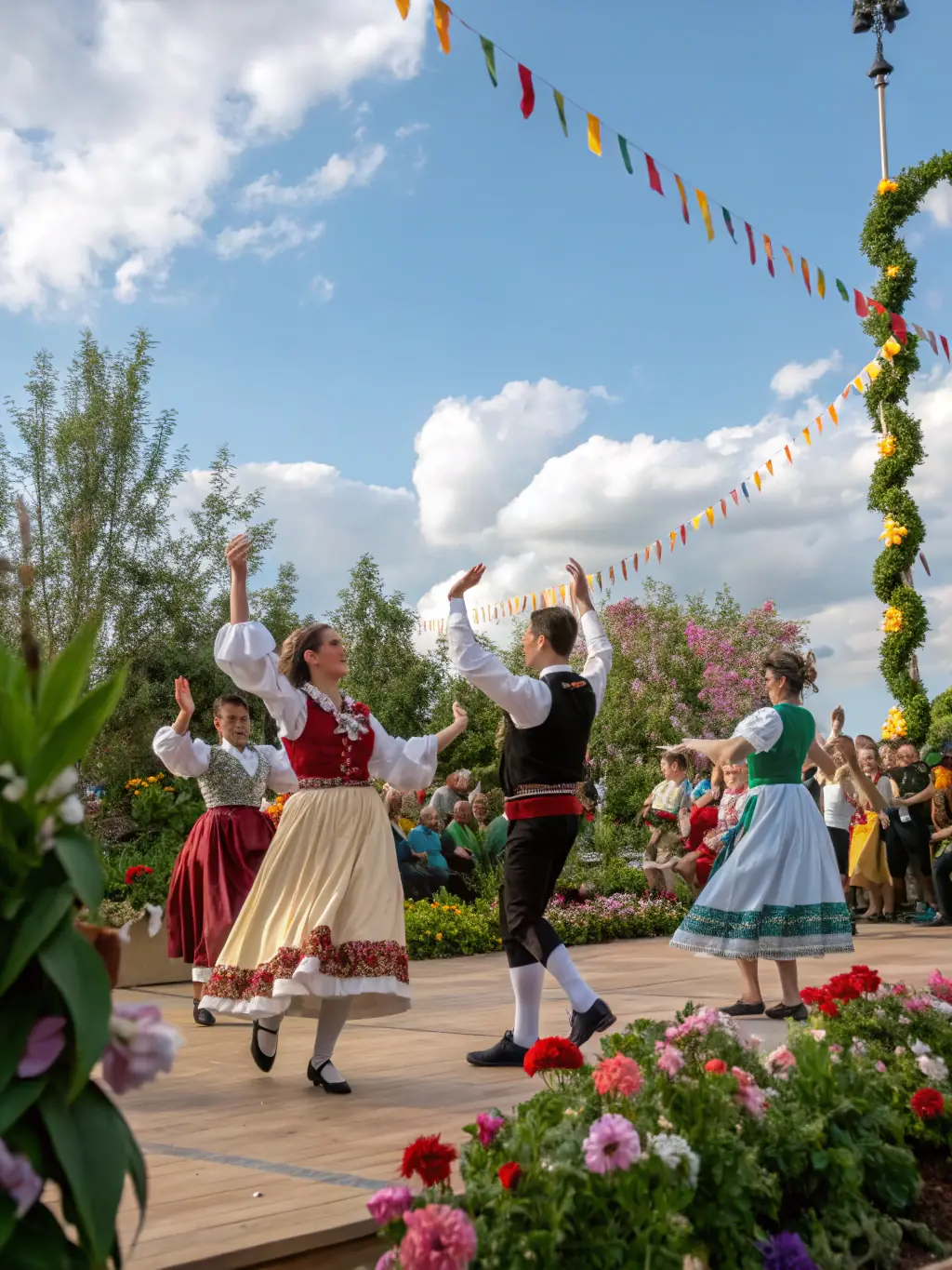 A lively scene from a folk dance workshop, with participants of all ages learning traditional dance steps, promoting community involvement at Foyer Rural de Charleval.
