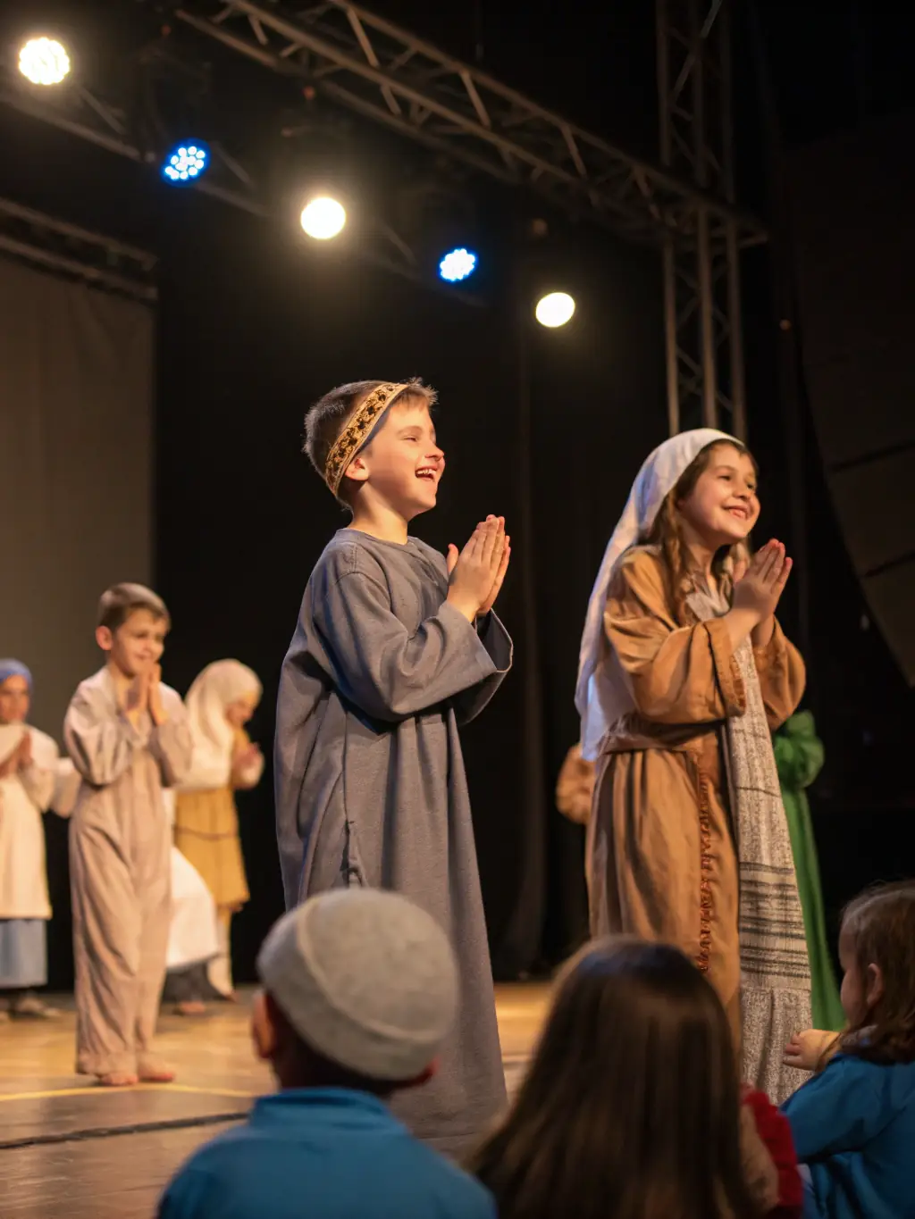 A group of children engaged in a drama class, acting out a scene on a small stage, emphasizing the youth programs at Foyer Rural de Charleval.