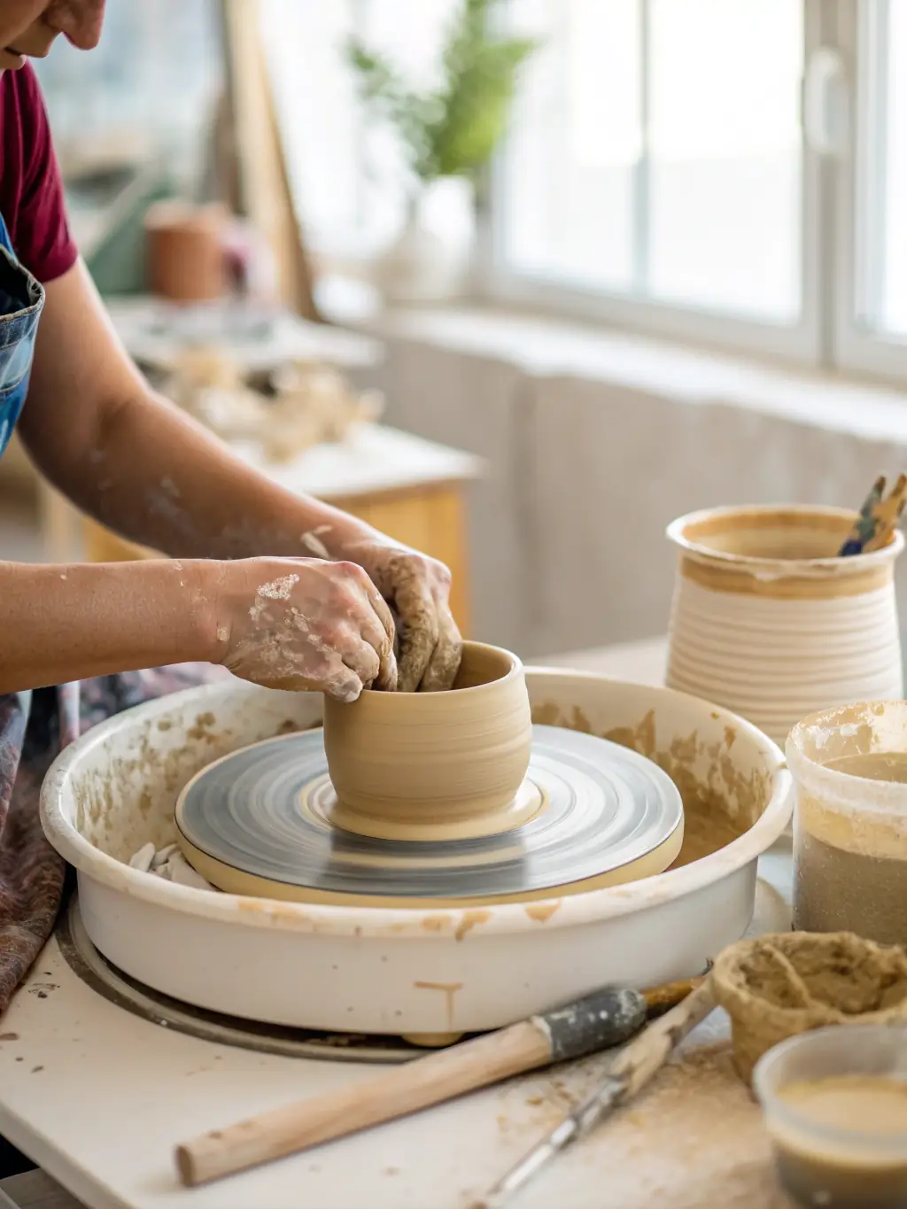 A group of people participating in a pottery class, focused on hands shaping clay on a spinning wheel, showcasing the artistic engagement at Foyer Rural de Charleval.